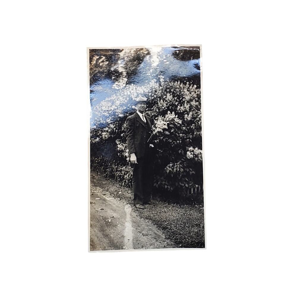 Vtg Man Posing Near Bush Original Monochrome Photography Found Portrait Snapshot